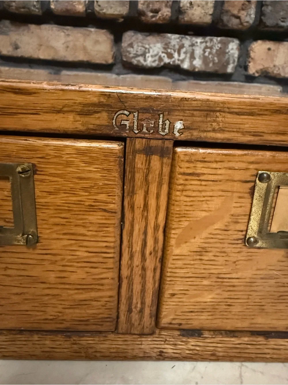 Vintage Globe Oak Desktop File Drawer Organizer - Brown with Brass Accents